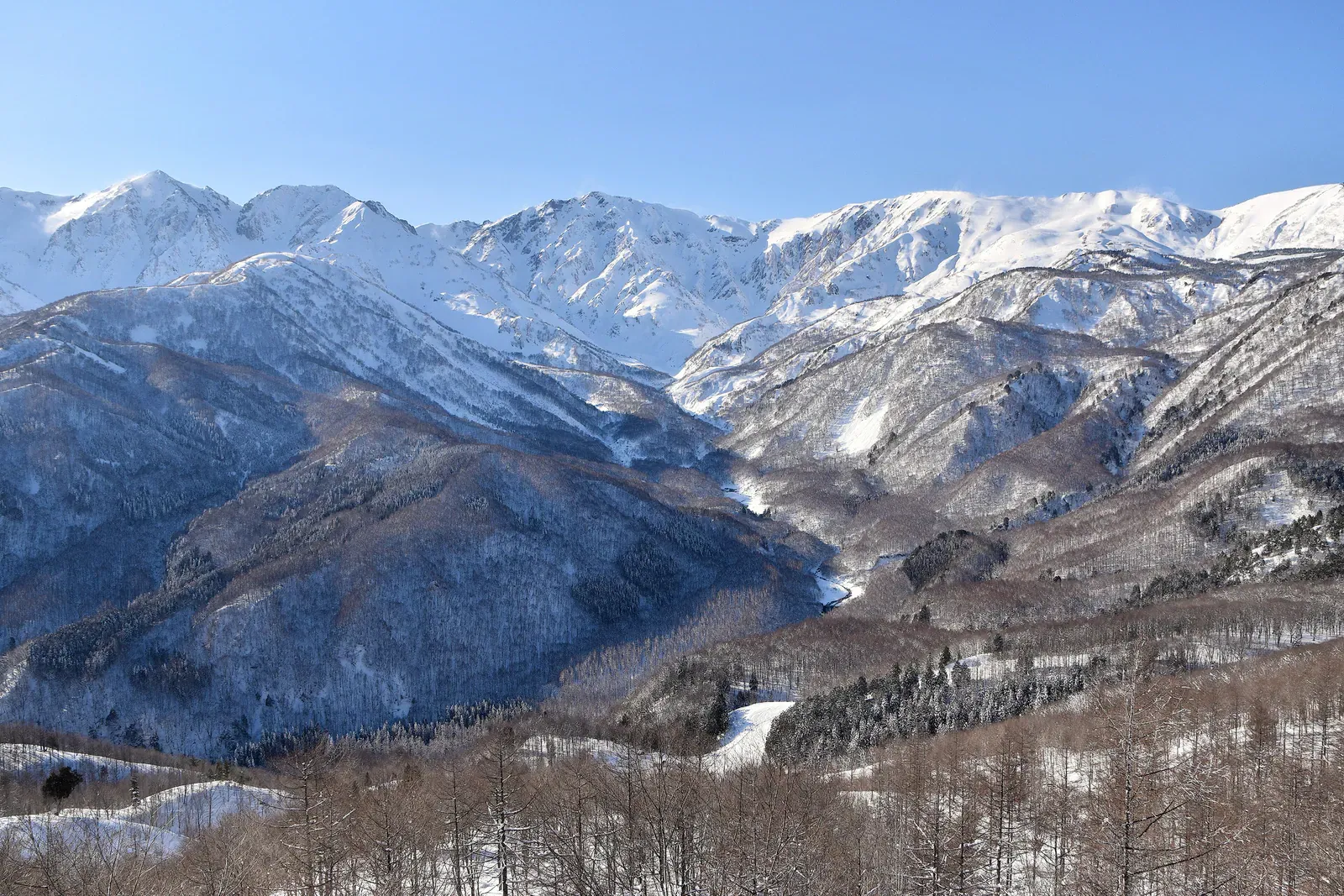 Snow-covered Hakuba mountains seen from the Happo-One area