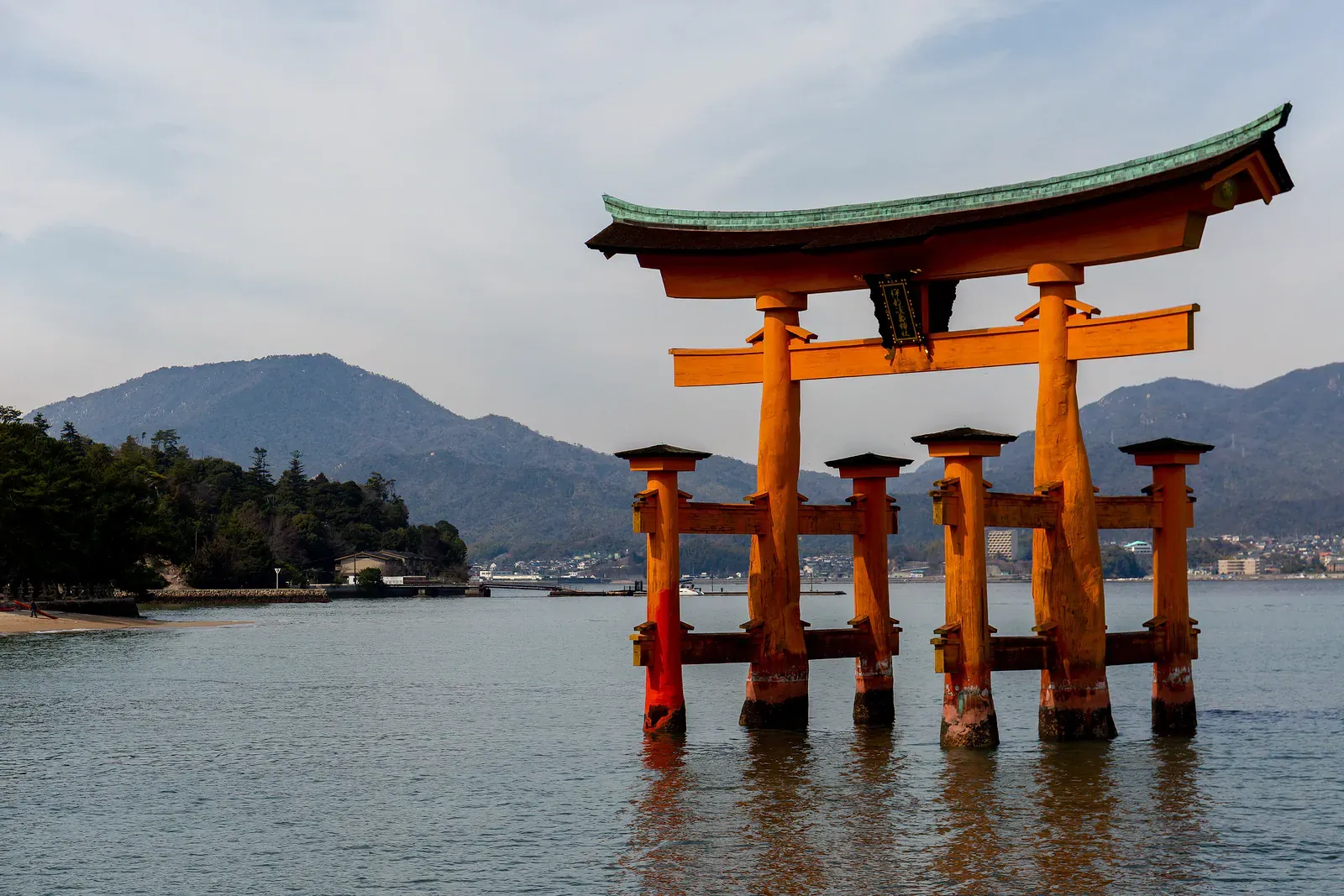 Great torii gate standing in the sea at Miyajima, Hiroshima